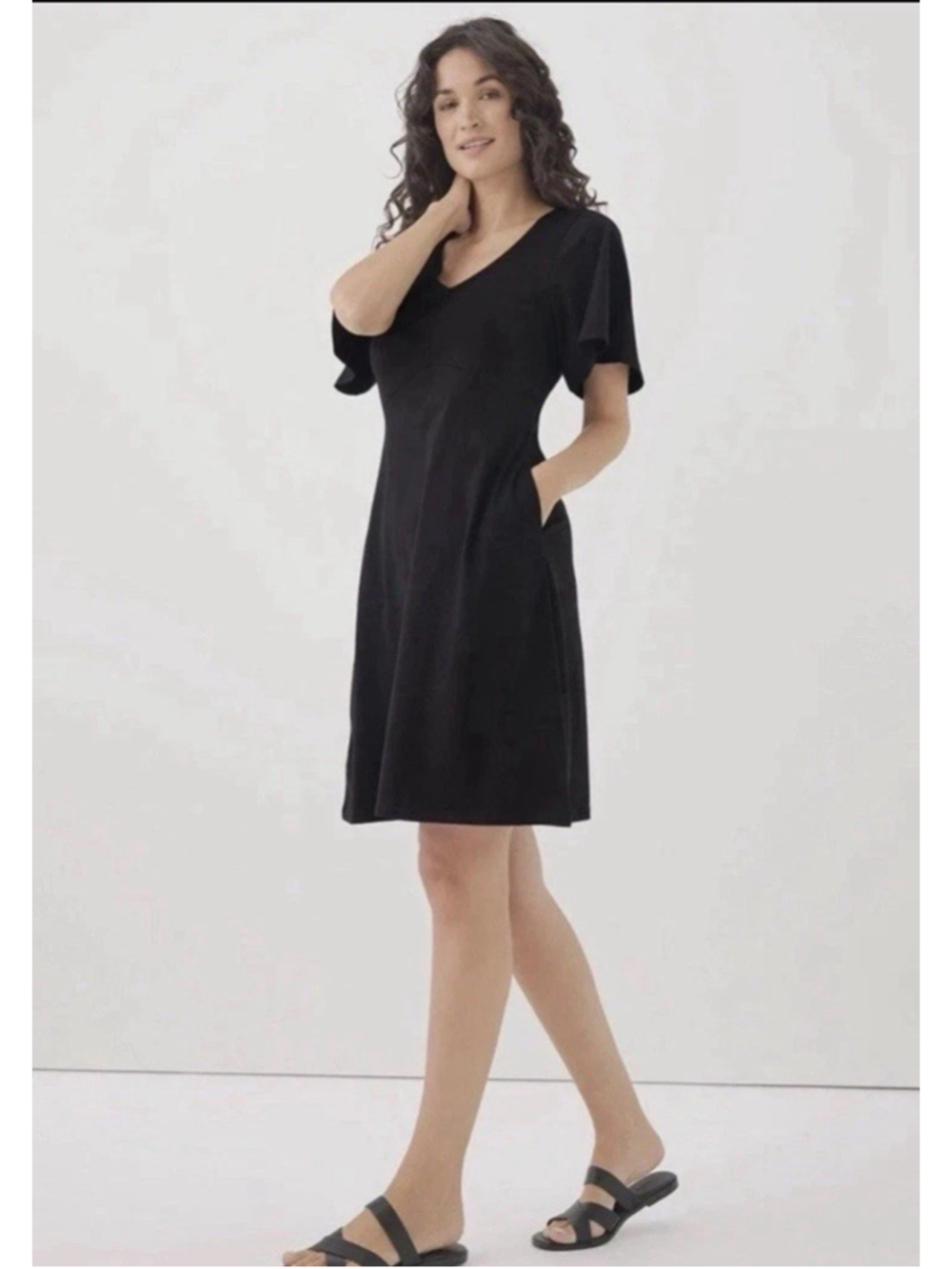 Pact V-Neck Flutter Sleeve A-Line Knee Length Pocket Dress Black sz S Minimalist